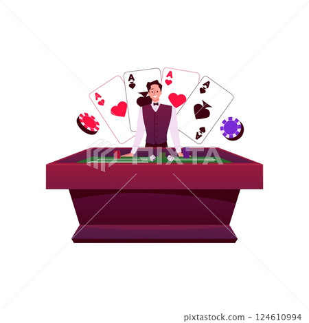 Smiling croupier standing at poker table, gambling game with cards and chips vector illustration, casino entertainment 124610994