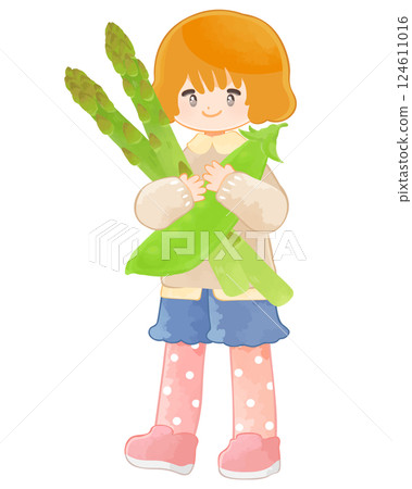 Vegetables and Children: A girl holding a large asparagus and snow peas Vegetables and Children: A girl holding a large asparagus and snow peas 124611016