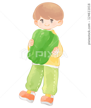 蔬菜和孩子：一個男孩拿著一個大甜椒 124611018