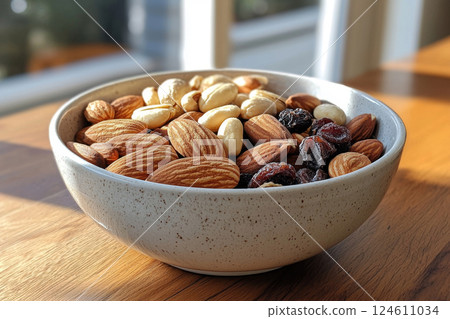 Mixed Nuts and Dried Fruits in Wooden Bowl 124611034