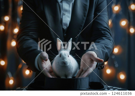 Magician Reveals White Rabbit from Hat on Stage 124611036