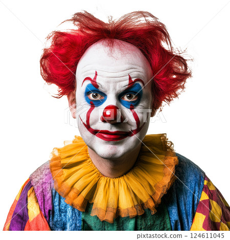 Portrait of sad clown with red nose and makeup isolated on white background Portrait of sad clown with red nose and makeup isolated on white background 124611045