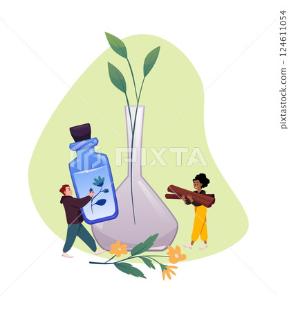 People are holding blue glass bottle of herbal liquid with flower and rolled sticks of cinnamon, vector aromatherapy 124611054