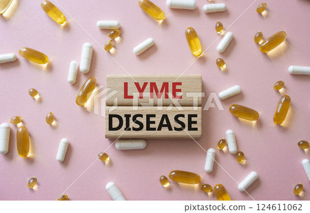 Lyme Disease symbol. Concept word Lyme Disease on wooden blocks. Beautiful pink background with pills. Medicine and Lyme Disease concept. Copy space Lyme Disease symbol. Concept word Lyme Disease on wooden blocks. Beautiful pink background with pills. Medicine and Lyme Disease concept. Copy space 124611062