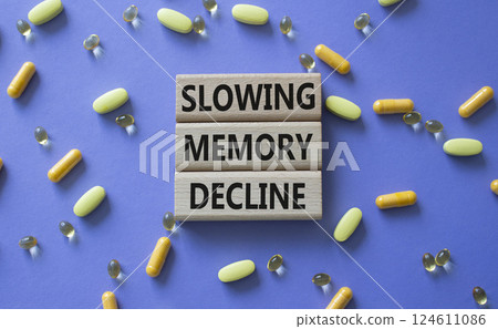 Slowing Memory Decline symbol. Concept words Slowing Memory Decline on wooden blocks. Beautiful purple background with pills. Healthcare and Slowing Memory Decline concept. Copy space. 124611086