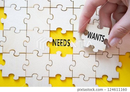 Wants and Needs symbol. Concept word Wants and Needs on wooden blocks. Businessman hand. Beautiful yellow background. Business and Wants and Needs concept. Copy space Wants and Needs symbol. Concept word Wants and Needs on wooden blocks. Businessman hand. Beautiful yellow background. Business and Wants and Needs concept. Copy space 124611160