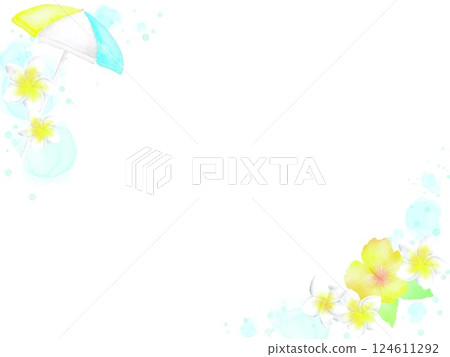 A frame with a resort feel, decorated with beach umbrellas and tropical flowers. An illustration of a trip to a tropical country. 124611292