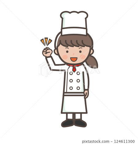 全身插圖：一位積極進取的年輕女廚師舉起拳頭擺姿勢 124611300