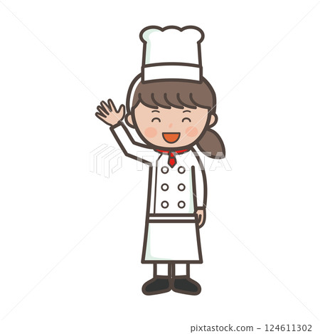 一位年輕女廚師揮手打招呼的全身插畫 124611302