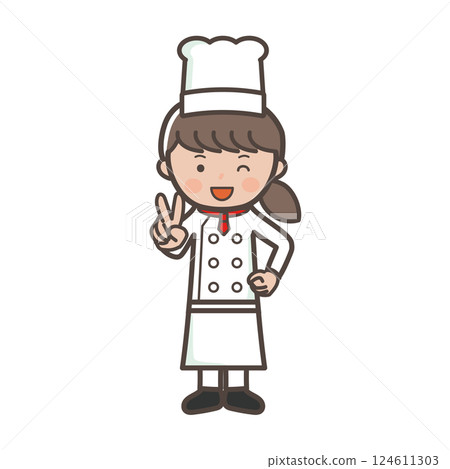 一位微笑的年輕女廚師做出和平手勢的全身插圖 124611303