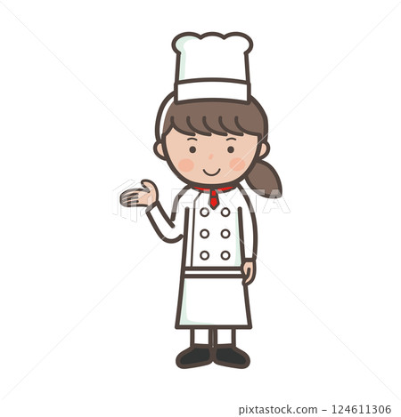 A full-body illustration of a young female chef giving an explanation or guidance 124611306