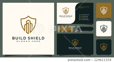 building and shield line style logo and business card 124611354