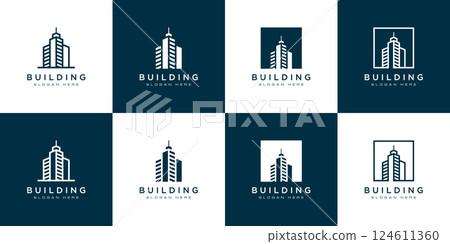 set of Building logo with line art style. city building abstract for logo design inspiration set of Building logo with line art style. city building abstract for logo design inspiration 124611360