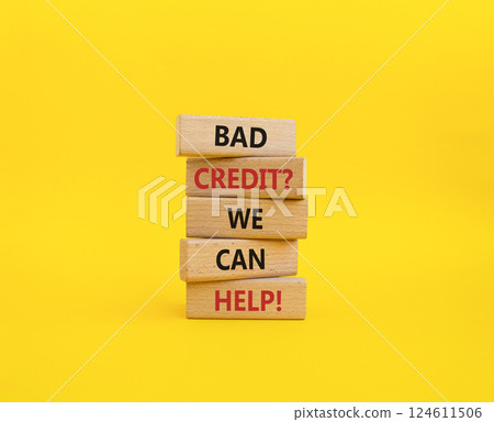 Bad credit We can Help symbol. Wooden blocks with words Bad credit We can Help. Beautiful yellow background. Business and Bad credit We can Help concept. Copy space. Bad credit We can Help symbol. Wooden blocks with words Bad credit We can Help. Beautiful yellow background. Business and Bad credit We can Help concept. Copy space. 124611506