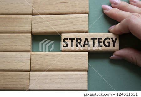 Strategy symbol. Concept word Strategy on wooden blocks. Businessman hand. Beautiful grey green background. Business and Strategy concept. Copy space. 124611511