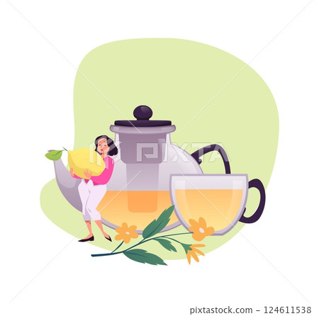 Glass teapot and cup with chamomile flowers, woman with lemon vector flat illustration, herbal tea brewing, aromatherapy 124611538
