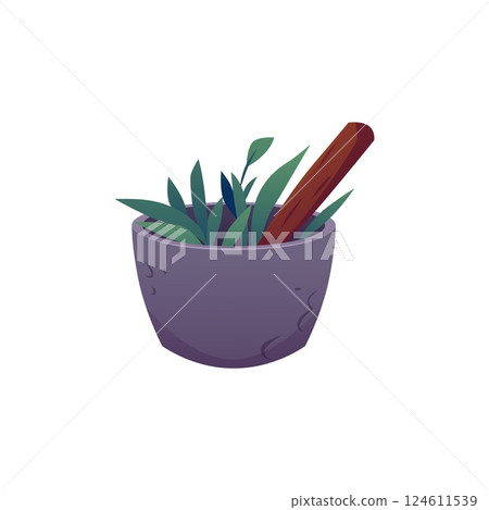 Mortar and pestle with plants, vector flat pounder and herb leaves, ayurveda mortar, homeopathy and aromatherapy essence 124611539