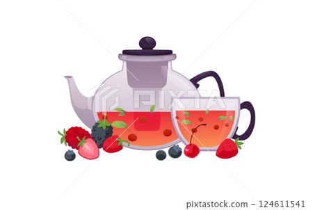 Glass teapot with tea, mug and berries nearby, aromatherapy. Vector illustration. 124611541