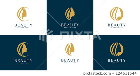 Set of silhouette woman face feminine lifestyle salon 124611544