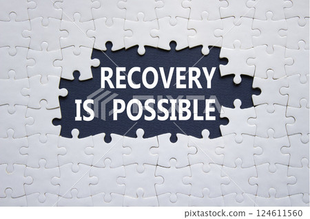 Recovery is possible symbol. Concept words Recovery is possible on white puzzle. Beautiful deep blue background. Business and Recovery is possible concept. Copy space. Recovery is possible symbol. Concept words Recovery is possible on white puzzle. Beautiful deep blue background. Business and Recovery is possible concept. Copy space. 124611560