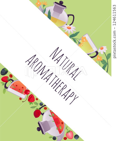 Glass teapot and cup with chamomile flowers and berries vector poster design, herbal tea brewing, floral hot beverage Glass teapot and cup with chamomile flowers and berries vector poster design, herbal tea brewing, floral hot beverage 124611563