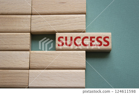 Success symbol. Concept word Success on wooden blocks. Beautiful grey green background. Business and Success concept. Copy space. 124611598