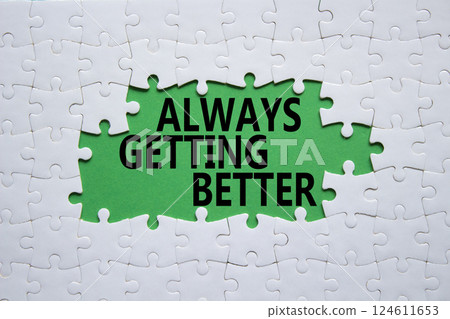 Always getting better symbol. White puzzle with words Always getting better. Beautiful green background. Business and Always getting better concept. Copy space. 124611653