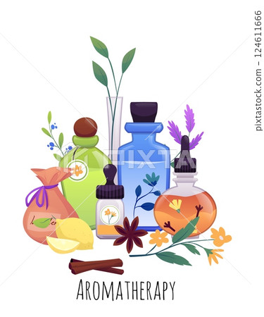 Glass bottles with flowers and spices herbal mixture, vector flat poster design, floral essence aromatherapy products Glass bottles with flowers and spices herbal mixture, vector flat poster design, floral essence aromatherapy products 124611666