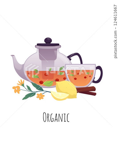 Vector poster with teapot, cup, tea and spa ingredients, lemon, cinnamon and calendula flower. 124611667