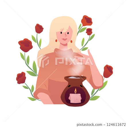 Vector illustration of happy girl with aroma lamp on flowers background. 124611672