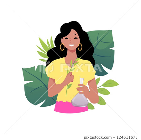 Vector of happy girl with flask and herb branch in hands on green leaves background. 124611673