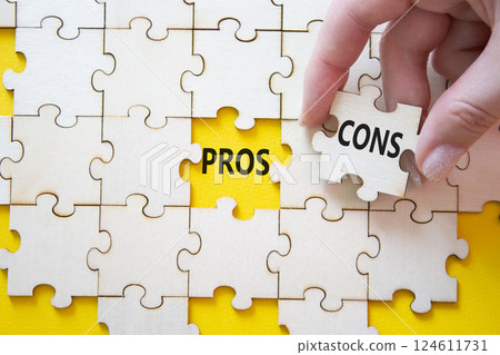 Pros vs Cons symbol. Concept word Pros vs Cons on wooden puzzle. Businessman hand. Beautiful yellow background. Business and Pros vs Cons concept. Copy space 124611731