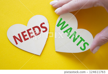 Wants and Needs symbol. Concept word Wants and Needs on wooden hearts. Businessman hand. Beautiful yellow background. Business and Wants and Needs concept. Copy space 124611763
