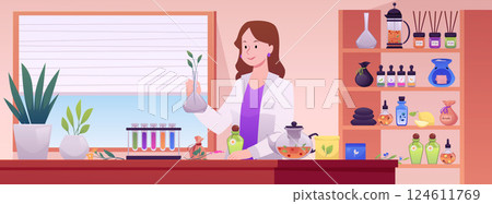 Herbal laboratory with scientist vector flat illustration, homeopathy and aromatherapy, experiment with healing plant 124611769