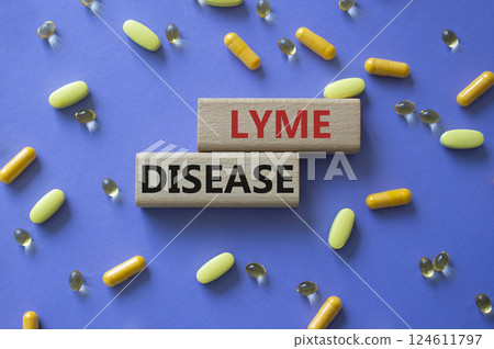 Lyme Disease symbol. Concept word Lyme Disease on wooden blocks. Beautiful purple background with pills. Medicine and Lyme Disease concept. Copy space 124611797