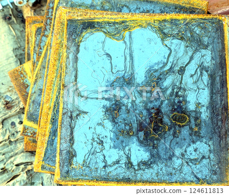 Close up of Heavily Rusted Blue Steel Metal Plate with Orange corrosion Close Up Background Close up of Heavily Rusted Blue Steel Metal Plate with Orange corrosion Close Up Background 124611813