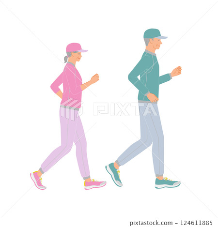 Senior exercise: Senior couple walking with smiles 124611885