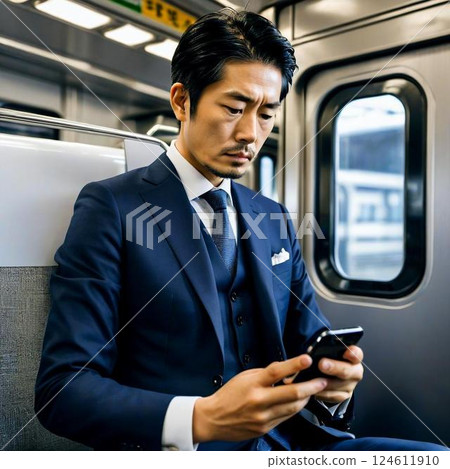 火車上，一名西裝筆挺的男子手持智慧型手機，表情嚴肅 124611910