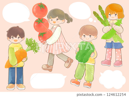 一組兒童拿著大蔬菜的插圖 一組兒童拿著大蔬菜的插圖 124612254
