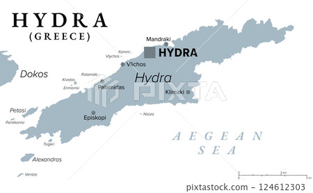 Hydra, Greek island, gray political map. One of the Saronic Islands of Greece in the Aegean Sea. Also Ydra or Idra, and in antiquity Hydrea, Greek word for water, as reference to its natural springs. 124612303