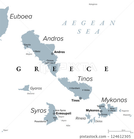 Andros, Mykonos, Tinos, and Syros, islands in Greece, gray political map. Greek islands and northern part of the island group Cyclades in the Aegean Sea. Map with capitals and most important towns. 124612305