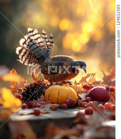 Birds are sitting in the autumn park under the golden foliage of tree. AI Generated. 124612505
