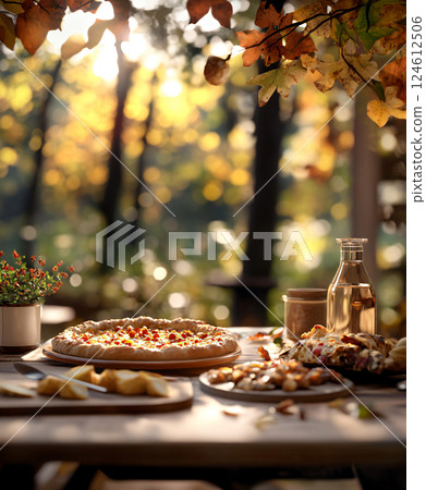 Autumn picnic food pizza. Lunch in nature. Picnic in nature. AI Generated. 124612506