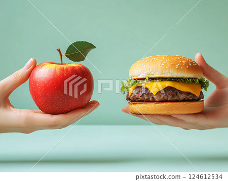 choice between hamburger and apple, healthy eating and lifestyle concept. AI Generated. 124612534