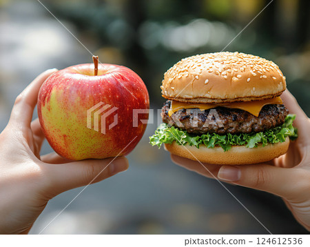 choice between hamburger and apple, healthy eating and lifestyle concept. AI Generated. choice between hamburger and apple, healthy eating and lifestyle concept. AI Generated. 124612536