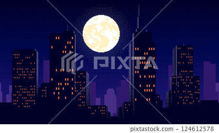 Night city with moon pixel art. Dark urban scape 8 bit illustration. Night cityscape in retro video-game style. 124612578