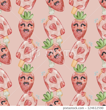 Collection kawaii of seamless patterns of Cartoon fruit and ice cream Set for summer. Collection kawaii of seamless patterns of Cartoon fruit and ice cream Set for summer. 124612590