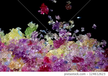 Sugar Sat Crystal Healing Vibrant Clittering Shard Close Up Molecule on Black Background 124612623