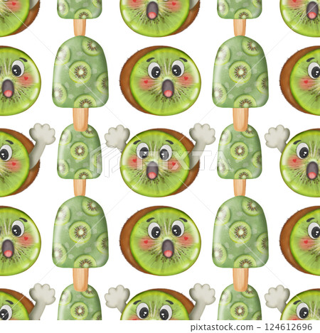 Collection kawaii of seamless patterns of Cartoon fruit and ice cream Set for summer. 124612696