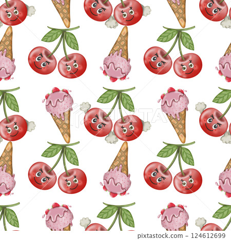 Collection kawaii of seamless patterns of Cartoon fruit and ice cream Set for summer. 124612699